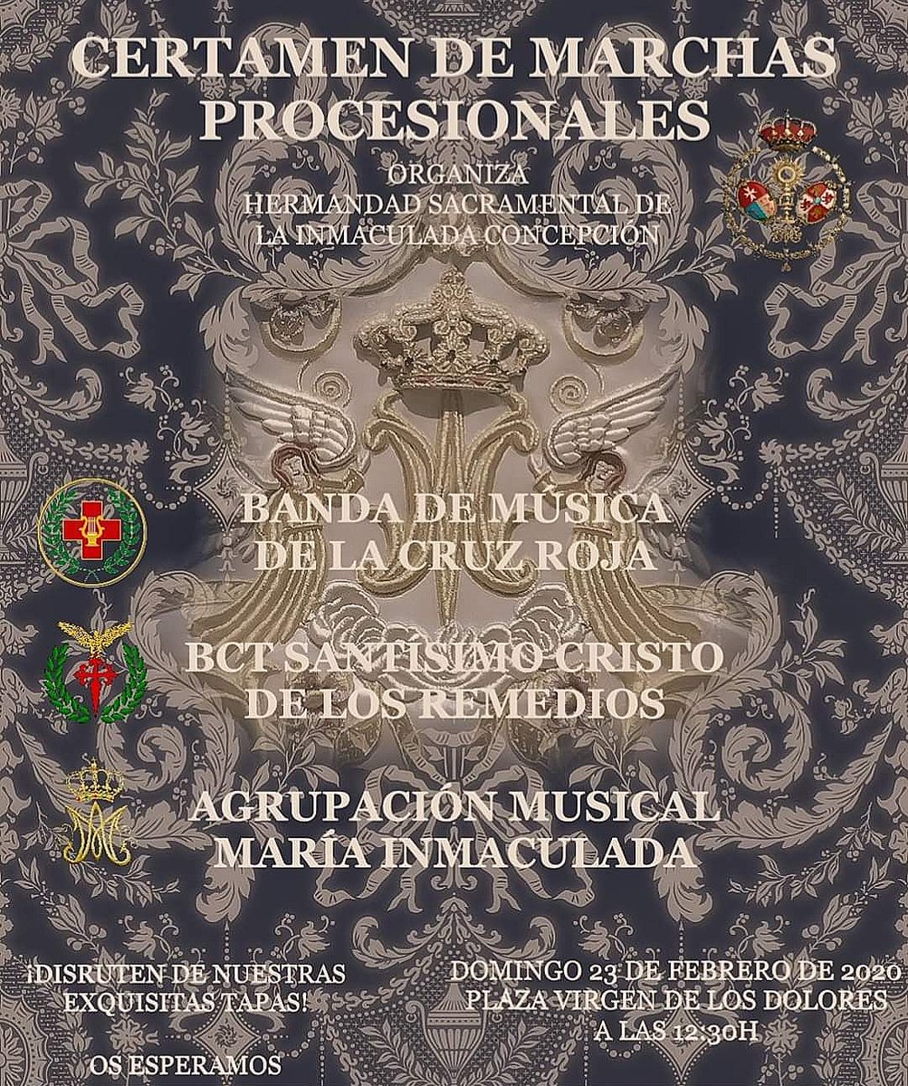bdelosremedios's tweet photo. 📌Este domingo participaremos en el Certamen de Marchas Procesionales organizado por nuestra vecina Hermandad de la Inmaculada Concepción.

📅23 de febrero
📍Plaza Virgen de los Dolores(Castilleja de la Cuesta).
🕛 12:30 Horas.

#SuenaLaPlaza #TDSCofrade #Castilleja https://t.co/5LQYaHpYbQ