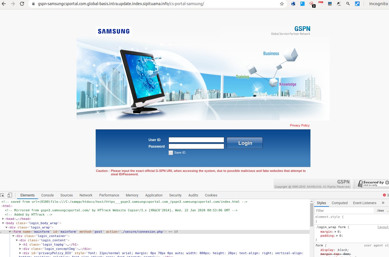 dave on X: #phishing targeting @Samsung GSPN (Global Service Partner  Network) hxxps:gspn -samsungcsportal.com.global-basis.intra.update.index.sipituama.infocs-portal- samsung t.coKOd82Ma0Io This is a new entry @urlscanio  @nullcookies https ...