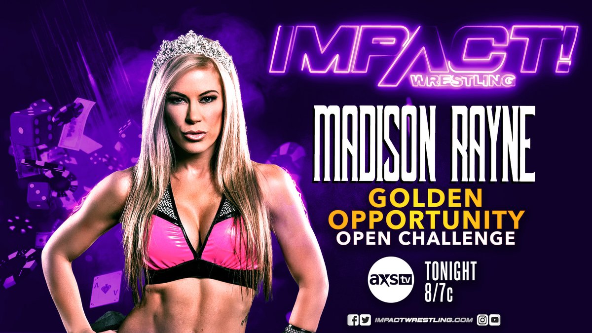 ThisIsTNA's tweet image. TONIGHT at 8/7c on @AXSTV/@fightnet/@Twitch! 

Who will answer @MadisonRayne's Golden Opportunity Open Challenge? #IMPACTonAXSTV