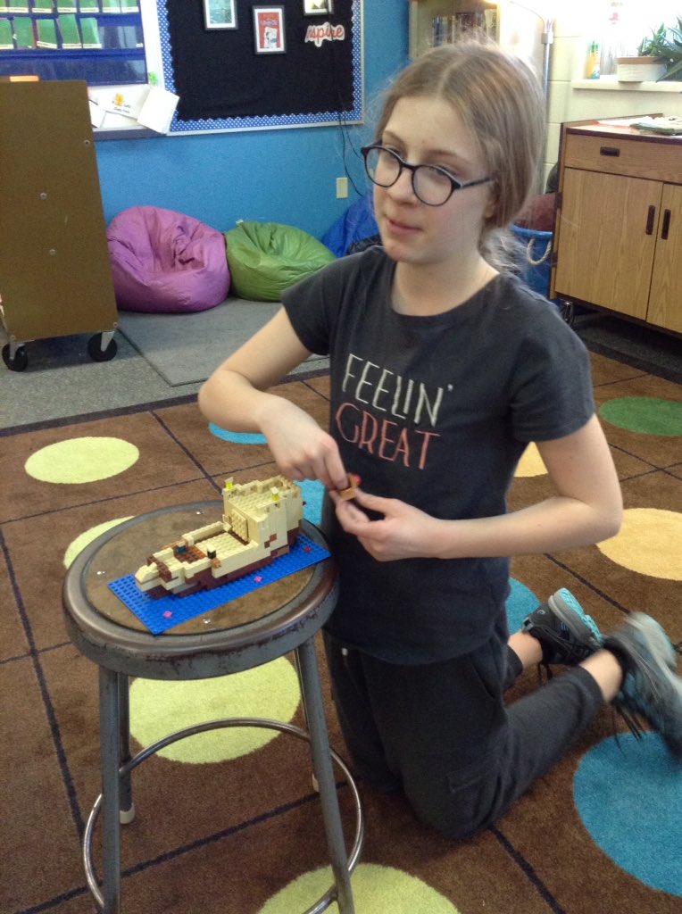 LutzClass's tweet image. Jane shares her Lego scene to demonstrate her learning about the American Revolution. She built a detailed ship out of Legos depicting the Boston Tea Party - complete with tea to throw overboard! #rockonwestwood #wdppride