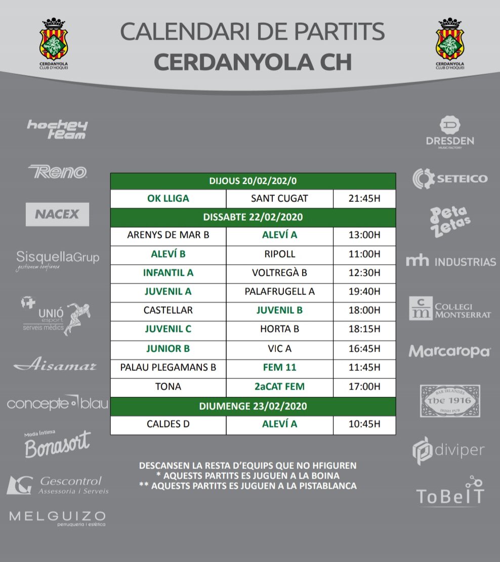 Tots els partits i horaris @Hoqueisarda per aquest cap de setmana. Molta sort a totes i a tots! #sardaale #cerdanyola #hoqueipatins @EsportsSarda.