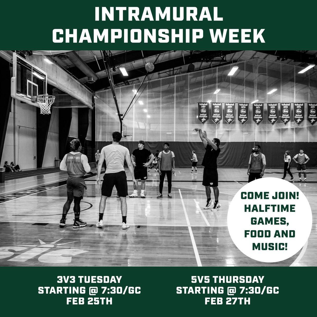 CspIntramurals's tweet image. ⚠️3V3 GAMES TONIGHT⚠️ 

Bracket play starts TONIGHT @ 7:30 in the GC 🏀

Only the winners from tonight will advance to next week 💪

Hope to see you all there! 💯

Also, check out our flyer for next week 👀⬇️