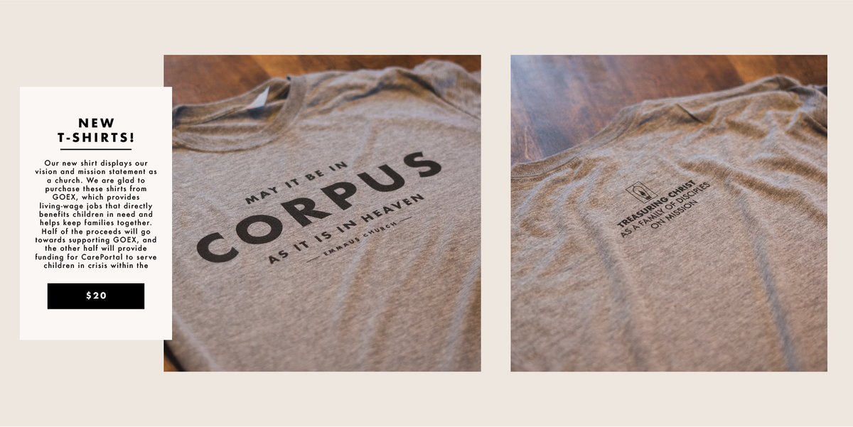 EmmausChurchCC's tweet photo. We are excited about our new t-shirts! Thank you to @goex_apparel for making these for us. These t-shirts will not only continue the mission of GOEX but will also contribute towards our local children in need here in the Coastal Bend through @_careportal. #corpuschristi #vivacc https://t.co/D6BcG2C5s4