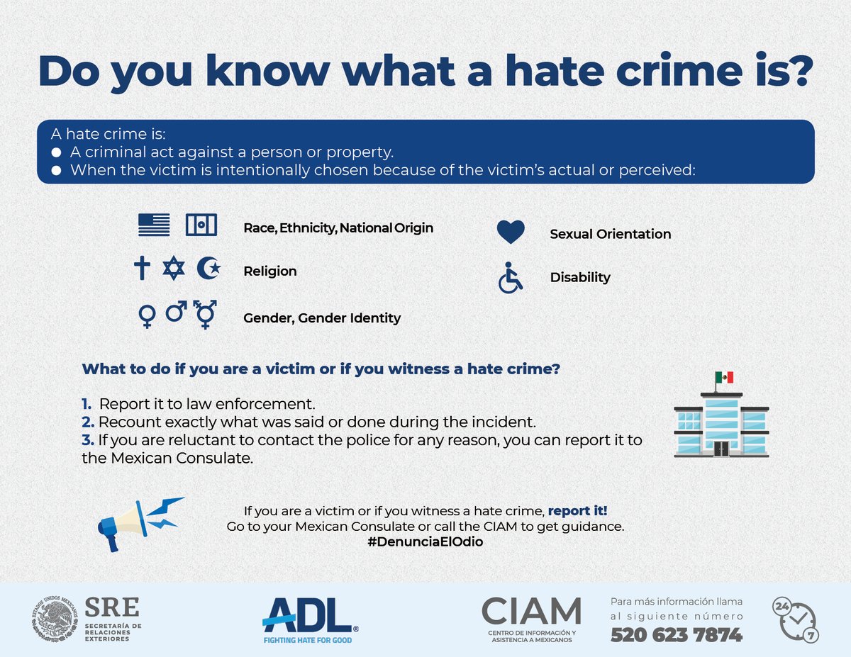 ConsulmexINI's tweet photo. Do you now what a hate crime is? If you are victim of a hate crime, report it! #denunciaelodio https://t.co/c5qWNzasU8