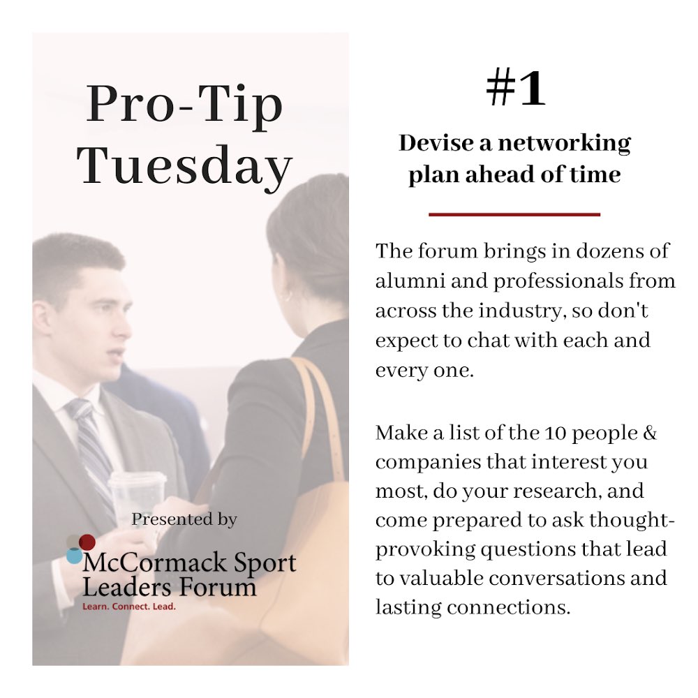 McCormackForum's tweet photo. Introducing Pro-Tip Tuesdays. We’ll be sharing weekly tips to help you make the most out of the Forum. #mccormacksportleadersforum #mslf https://t.co/TfFdXirtQ9