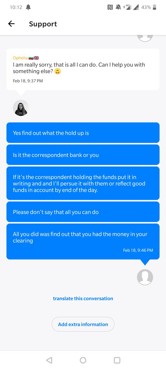 bunquser's tweet photo. @bunq 
This is an actual conversation I had today... A wire transfer takes 7 days to clear. Some revelutionize.. some just make my eyes roll https://t.co/HTCF09t0Q6