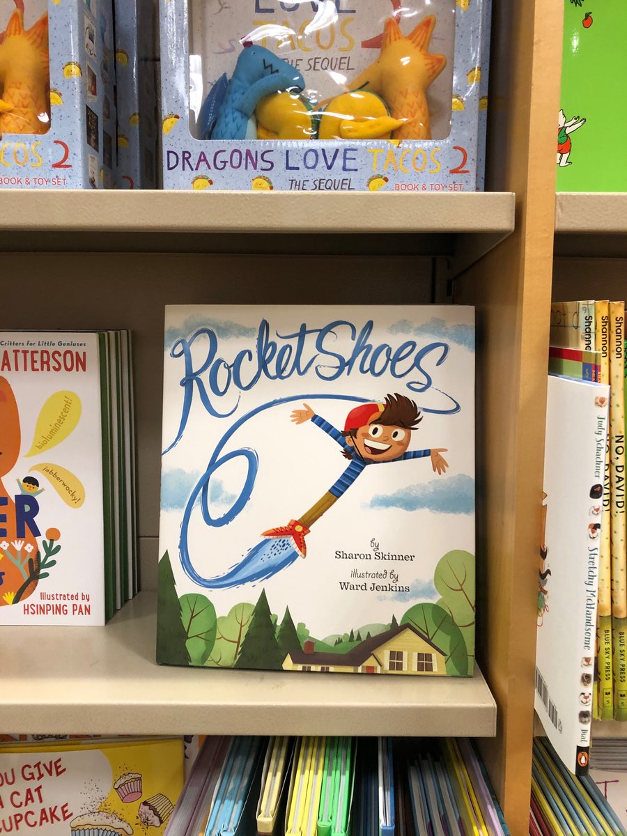 wardomatic's tweet photo. Rocket Shoes in the wild! Always a thrill to see a book youโve illustrated on the shelves of your local bookstore. Hey @skaufmanart - I see you! ๐ Also, heads up to @SharonSkinner56 - loved illustrating your words. ๐ https://t.co/mDEB3dMmxc