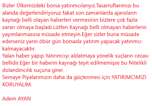 Lütfen Şu yazıyı okuyalım ve RT yapalım.
''SERMAYE PİYASALARINDAKİ YATIRIMCIYI KORUMAK ADINA''
<a href="/spkgovtr/">SPK</a> <a href="/suleymansoylu/">Süleyman Soylu</a>