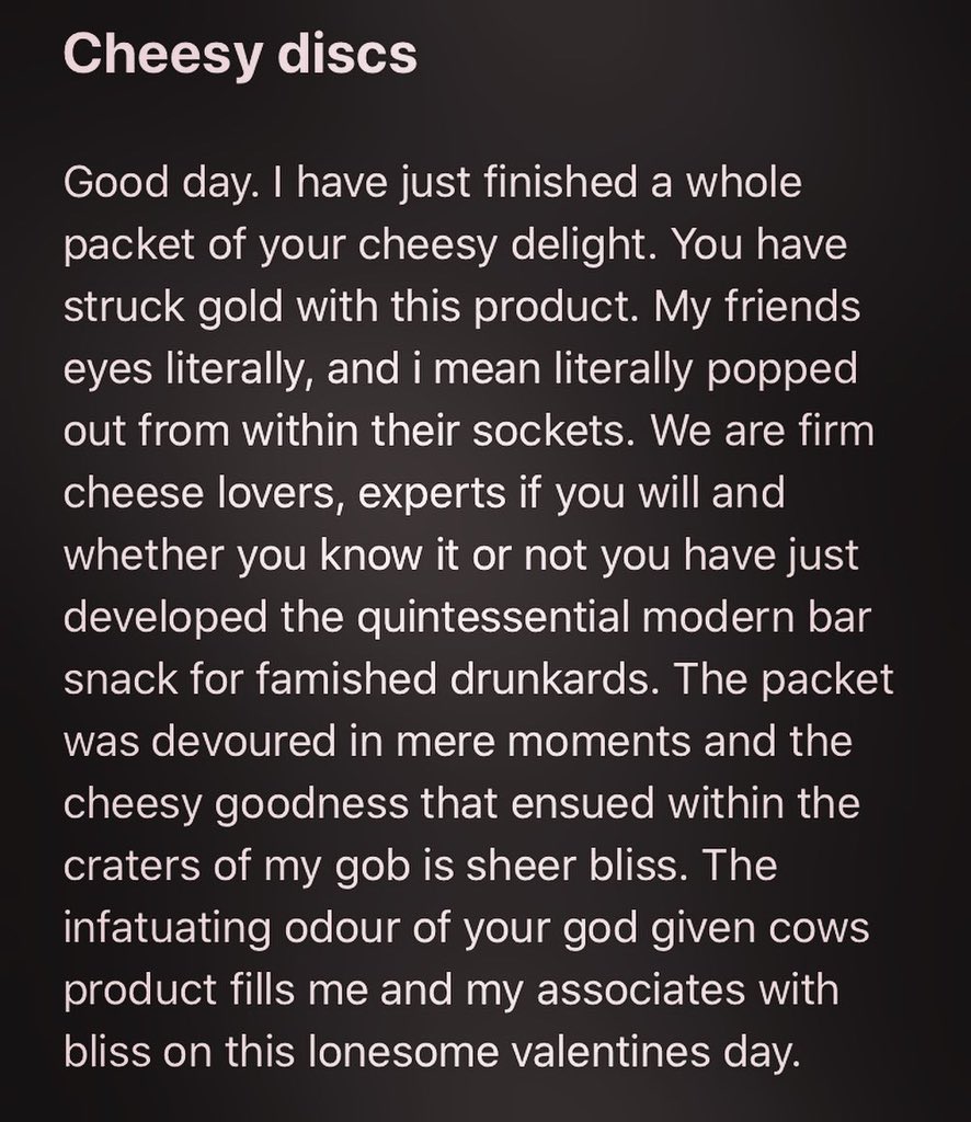 SeriousPig's tweet photo. Another absolute classic!!
Max, you’re a wordsmith.
Folks, don’t hesitate to let us know what you think of our snacks. Seriously.
#serioussnacking #feedback https://t.co/jmASd34dvL