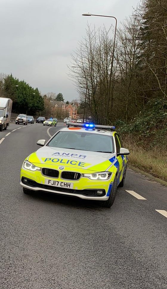 DerbyshireRPU's tweet photo. A38 Palm Court. Van number one runs out of fuel. On a bad bend needing two RPU cars whilst fuel arranged. Spouse in van two comes barrelling along the closed lane and skittles our cones. Tickets for both. Think the dogs would drive better... #Traffic #PersonalResponsibility https://t.co/npGrJCqEhc