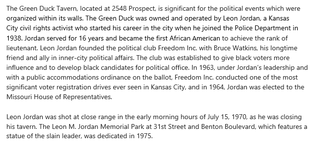 KCMOPlanning's tweet photo. The Green Duck Tavern, 2548 Prospect, is significant for the political events which were organized within its walls. It was owned/operated by Leon Jordan, a KC civil rights activist who started his career in KC in the Police Department in 1938. #BlackHistoryMonth #AAHTKC https://t.co/xmxTWcNXdr