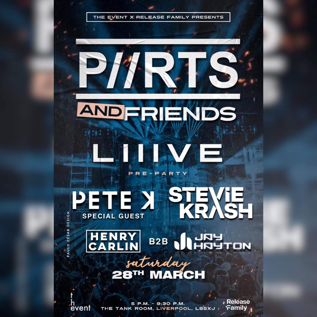 releasefamily's tweet photo. Our final guest for our @partsofficial_ &amp; Friends LIIIVE pre-party w/ @TheEVENT_UK just got announced - it's @petekofficial! We can't wait for his sick set - together with @Stevie_Krash &amp; @Henry_Carlin b2b @jayhaytonmusic! Final tickets: https://t.co/CHFcd2TjLp https://t.co/7eRtBYlxBp