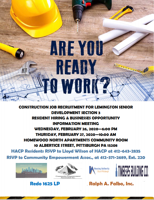 HACP1's tweet photo. If you're ready to work, join us next Wednesday 2/26 at 6 PM and Thursday 2/27 at 10 AM in the Homewood North Community Room (10 Albertice Street) for a job recruitment, hiring, and business opportunity event. Call Lloyd Wilson, Jr. at 412-643-2835 for more info or to RSVP https://t.co/zbeeoTLumt