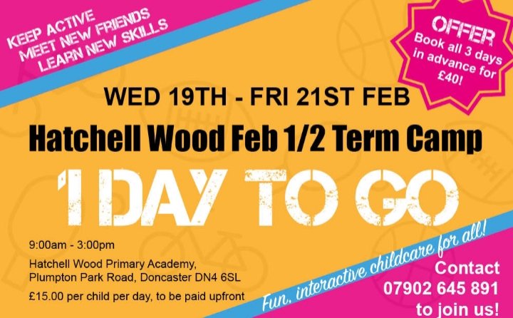 1 DAY TO GO

<a href="/HatchellWood/">Hatchell Wood</a> Half Term Camp

09.00-15.00

£15.00 per child per day 

Limited places left!!