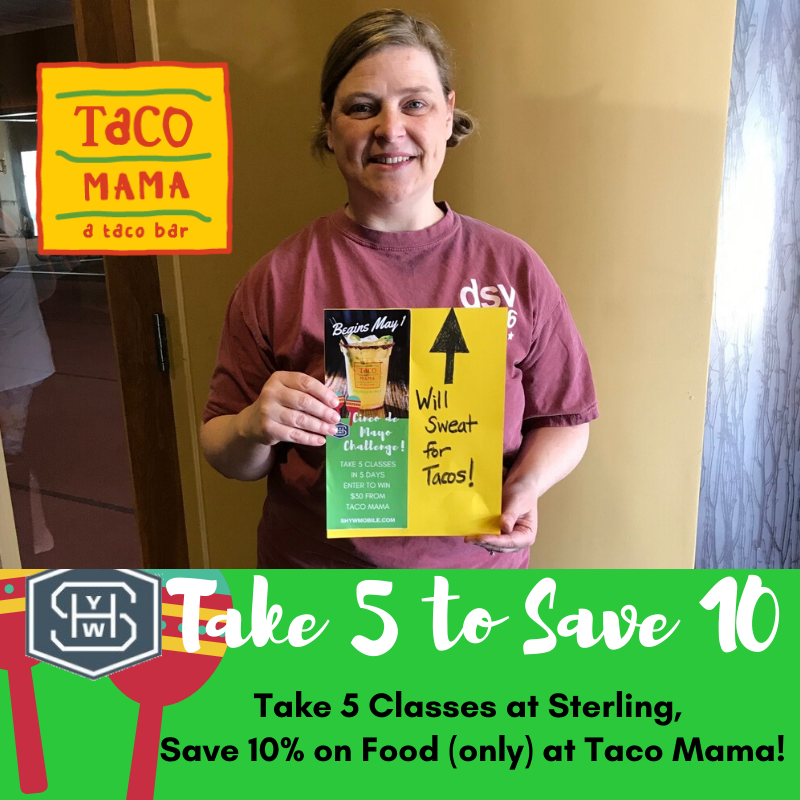 SHYWMobile's tweet photo. Sweating for tacos? 🌮 Remember our #Take5 #Save10 promotion with #TacoMama is ONGOING, so when you fill up one card, you can start another one! Ask for your card at the front desk! #willsweatfortacos #bestyogastudioinmobile #bestnewrestaurantinmobile #thebestsupportsthebest https://t.co/HaLnW6TZeL