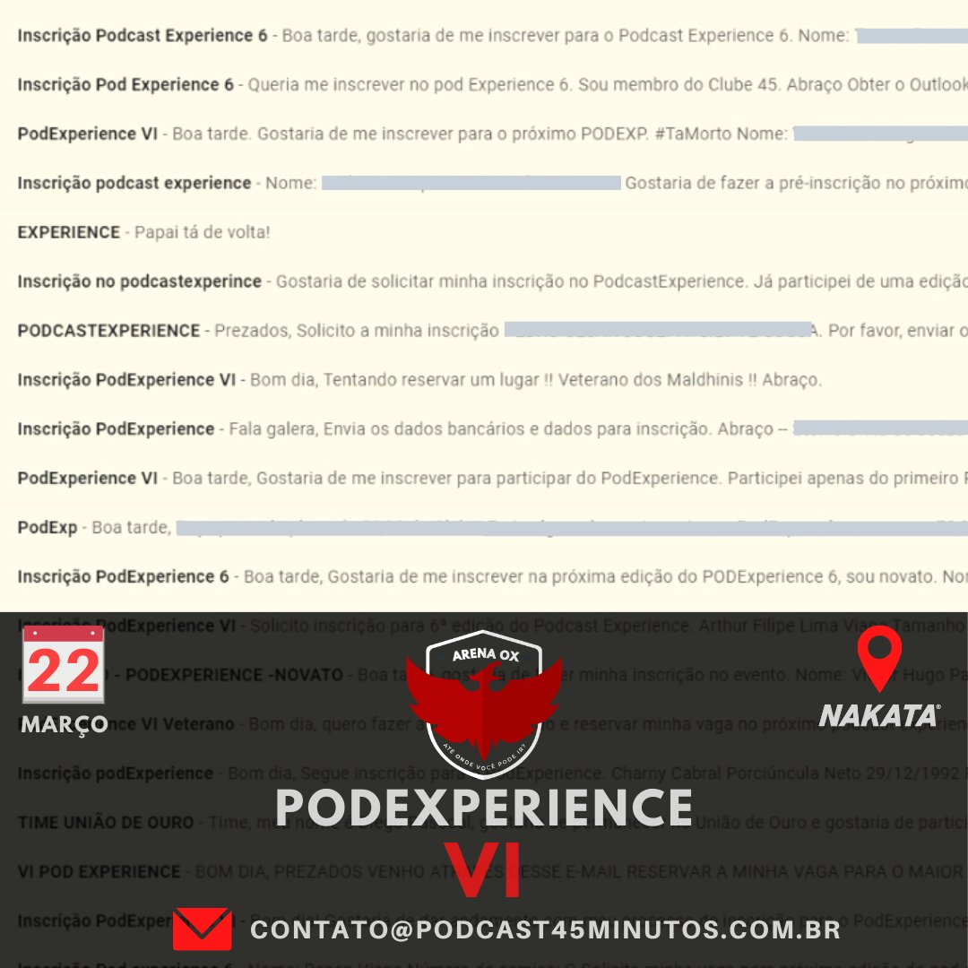 Podcast45's tweet photo. Quando a gente aconselha a garantir logo o seu lugar no #PodExperience6 não é por acaso. Em menos de uma hora de lançamento nas redes, já recebemos dezenas e dezenas de e-mails.
Responderemos todos hoje à noite.
Para quem ainda não mandou:
📩contato@podcast45inutos.com.br https://t.co/zud9eTHO6Q