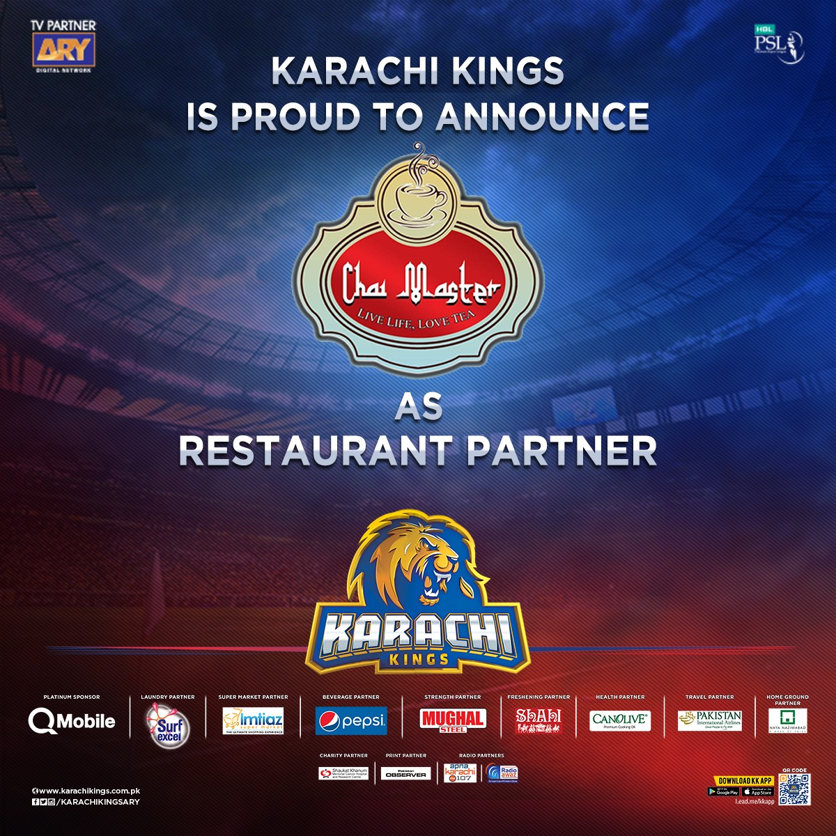 KarachiKingsARY's tweet photo. Announcing 'Chai Master' as the 'Restaurant Partner' of #KarachiKings for the upcoming #HBLPSLV
#ChaiMaster #RestaurantPartner #YehHaiKarachi https://t.co/yJCTVh0u5L