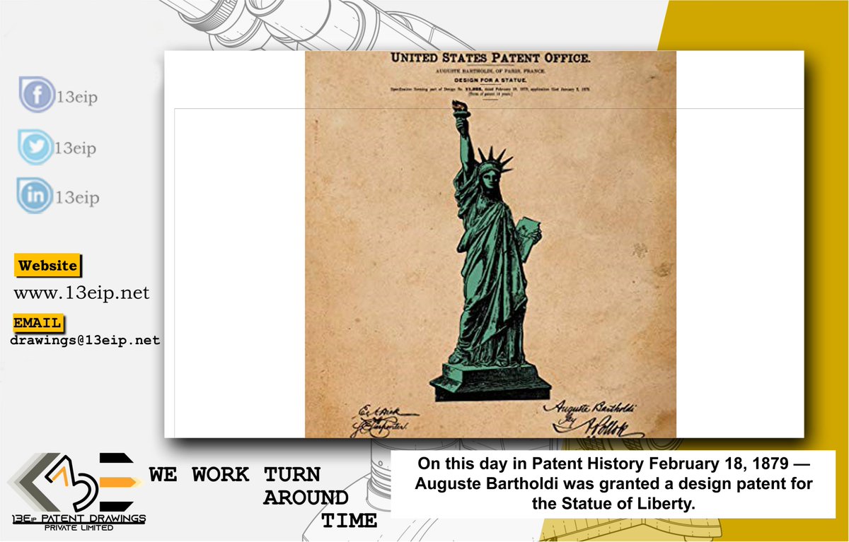 Viable13eip's tweet photo. #OnThisDay in #PatentHistory February 18, 1879 — Frederic #AugusteBartholdi was granted this design patent of his masterpiece #Statue of #Liberty, which would become a national monument and a universal symbol of #Freedom and #Democracy.

#StatueOfLiberty #TodayInHistory #Patent https://t.co/1vmBca6r6s