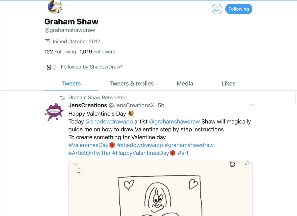 JensCreationsX's tweet photo. I couldn't believe it 🙈 @grahamshawdraw retweeted my Valentine @shadowdrawapp drawing tutorial  👏
I'm seriously speechless😅🙊 #shadowdrawapp https://t.co/AxheYAnLc6