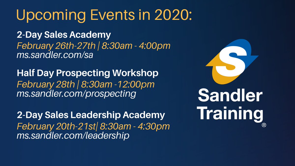 SandlerAustinMS's tweet photo. Are you ready to learn the secrets of a proven, reliable, and repeatable system for selling? There is still time to sign up for our upcoming training workshops! https://t.co/TI5gS3BKjp

#salestraining #managementtraining #leadershiptraining
#sales #businessdevelopment https://t.co/gYEx3wmxmU