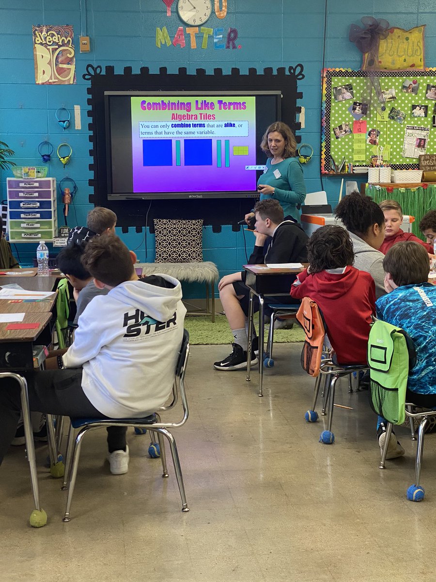 dicus_mrs's tweet image. It’s always a treat when @jsgeometry comes in for a lesson! We learned how to combine like terms by using algebra tiles. Awesome connections were made as students explored this new concept! @CISWildcats #amstimath