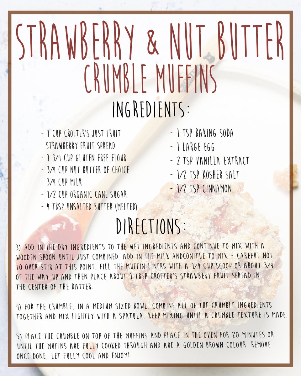 croftersorganic's tweet photo. Perfectly sweet and bursting with Strawberry flavour - You'll have a hard time resisting these Gluten-Free Strawberry Nut Butter Crumb Muffins!🍓 Swipe for the recipe!

#Crofters #CroftersOrganic #CroftersRecipe https://t.co/QV2Qb36ju8