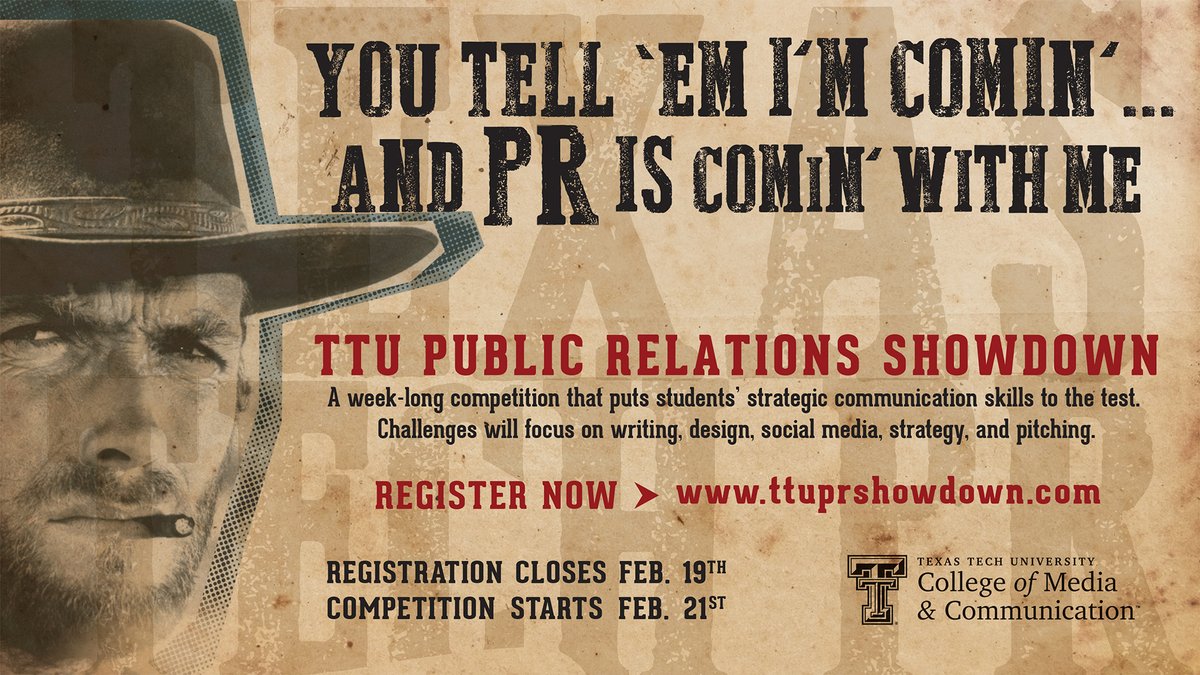 TTU_CoMC's tweet photo. Get ready to put your skills to the test in the most strategic, creative, team-based competition this side of the Mississippi. 

Form a team or sign up individually and we’ll help you find one 👉 https://t.co/34EPUBGgU5

🚩 Registration for the 2020 #PRShowdown closes tomorrow! https://t.co/n4Vz1YyleB