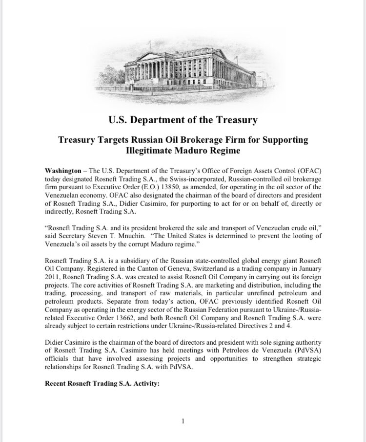 jguaido's tweet image. Ha sido sancionada la petrolera rusa Rosneft Trading S.A. por ser cómplice de la dictadura.

¡Esta noticia es una victoria!

Quien apoye al dictador, sea quien sea, venga de donde venga, deberá asumir las consecuencias.  

Serán bienvenidos quienes colaboren con la democracia.