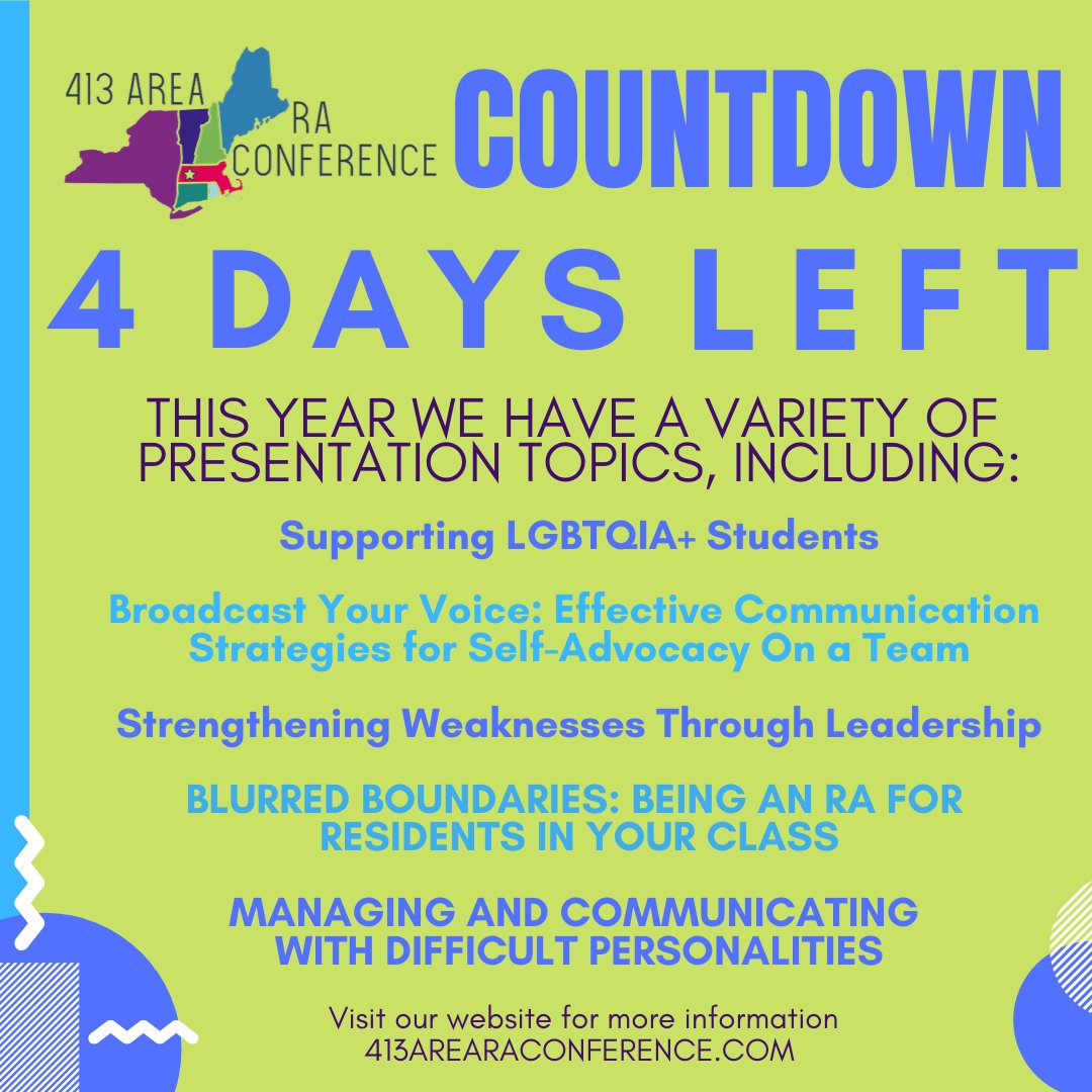 413Conference's tweet photo. Counting down! 4 MORE DAYS until the 413 Area RA Conference. Check out some of the MANY presentations that will be led by students and professional staff from various colleges and universities. 
 
#socio #studentlife #ralife #413raconference #massachusetts #conference #reslife https://t.co/GLbiIdouoP