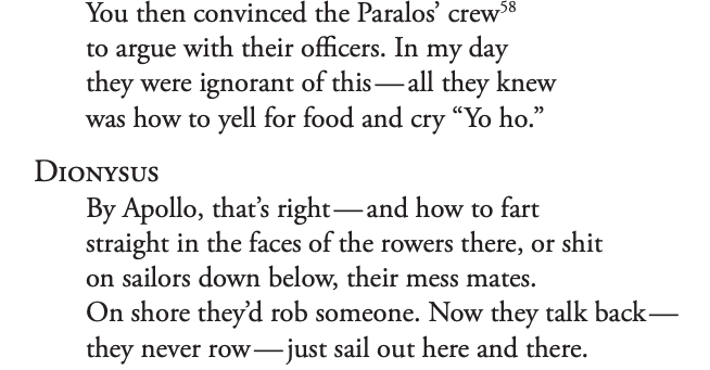 An excerpt from another passage in Aristophanes' Frogs whose content I found hilariously pertinent. Translation follows—please do correct me, @john_bridgens, should it have any errors.