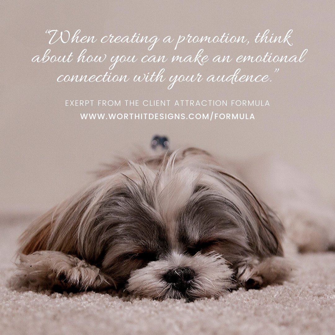 It’s so important to create an emotional connection when creating your promotions! 

Check out the FREE video series called the Client Attraction Formula at worthitdesigns.com/formula for more ways to attract your ideal client!

#marketingtips #clientattraction