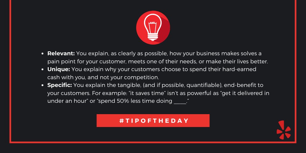 yelpforbusiness's tweet image. Be sure your unique value proposition is... 

#TipOfTheDay #smallbiz