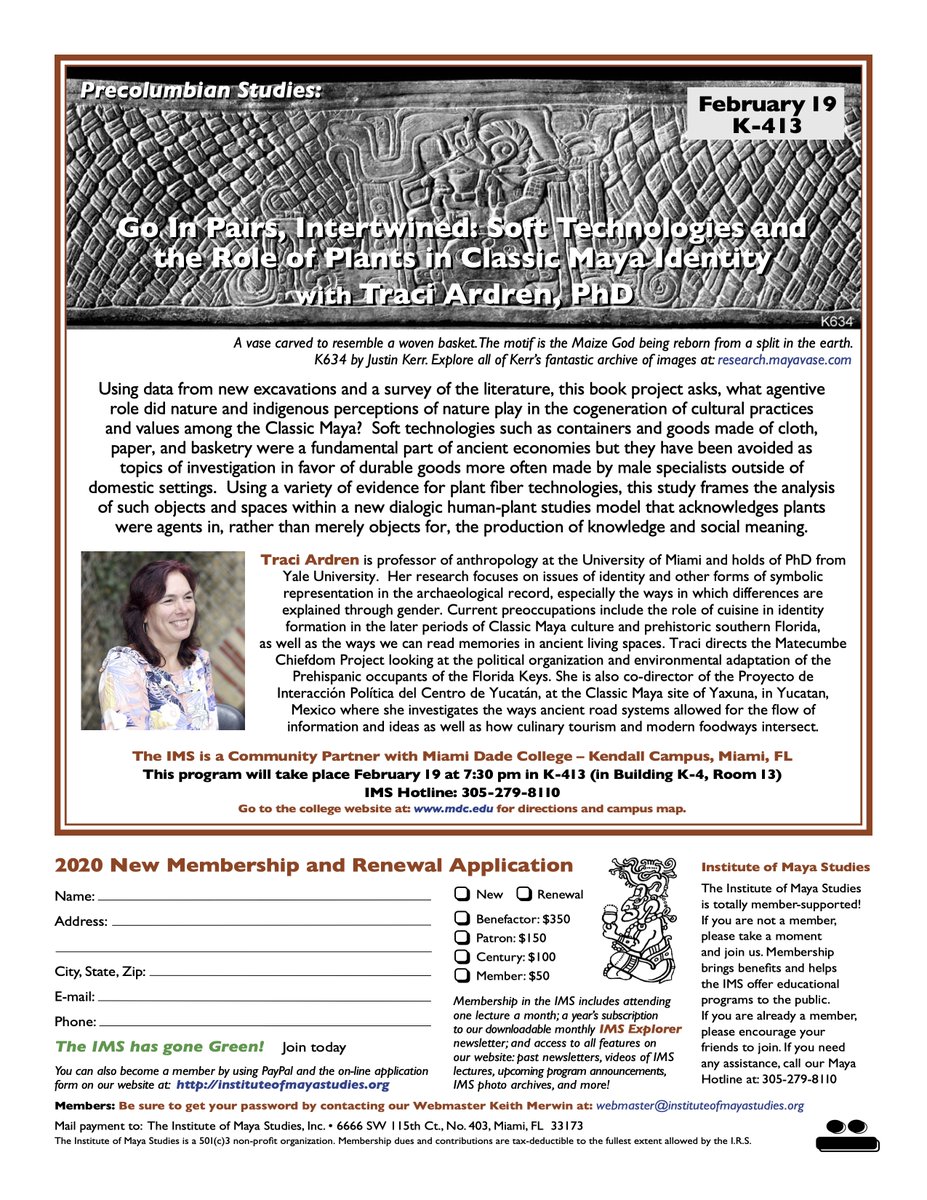 MiamiAnthro's tweet photo. Don't miss the upcoming lecture "Go In Pairs, Intertwined: Soft Technologies and the Role of Plants in Classic Maya Identity" by UM Anthro's Dr. Traci Arden. February 19 at 7:30 pm in K-413 on the Kendall campus of MDC. More info at https://t.co/BXVV9HupPK https://t.co/tSzWytoxy9