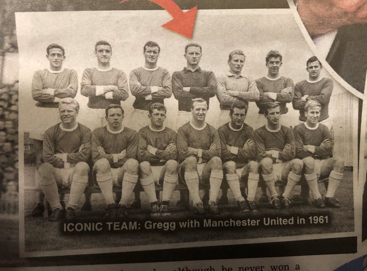 Aiden73's tweet photo. Photo in today’s paper..  Who are the 3 players to Harry Greggs left. And who is between Maurice Setters and Dennis Violett??. I have the others. @PeteBoyle70 @AndyMitten @UtdBeforeFergie @mikemonton @ManUtd @MUFCpast #manutd #HarryGregg # https://t.co/I6daiUjjq9