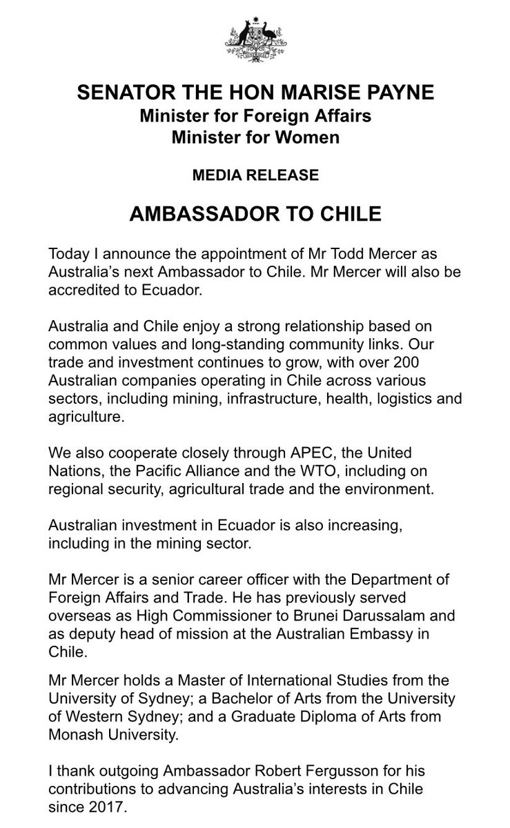 Todd Mercer will be Australia’s next Ambassador to Chile, with whom we have a strong relationship and growing trade and investment ties. Thanks to outgoing Ambassador Robert Fergusson. 🇦🇺🇨🇱 <a href="/dfat/">Department of Foreign Affairs and Trade 🇦🇺</a>