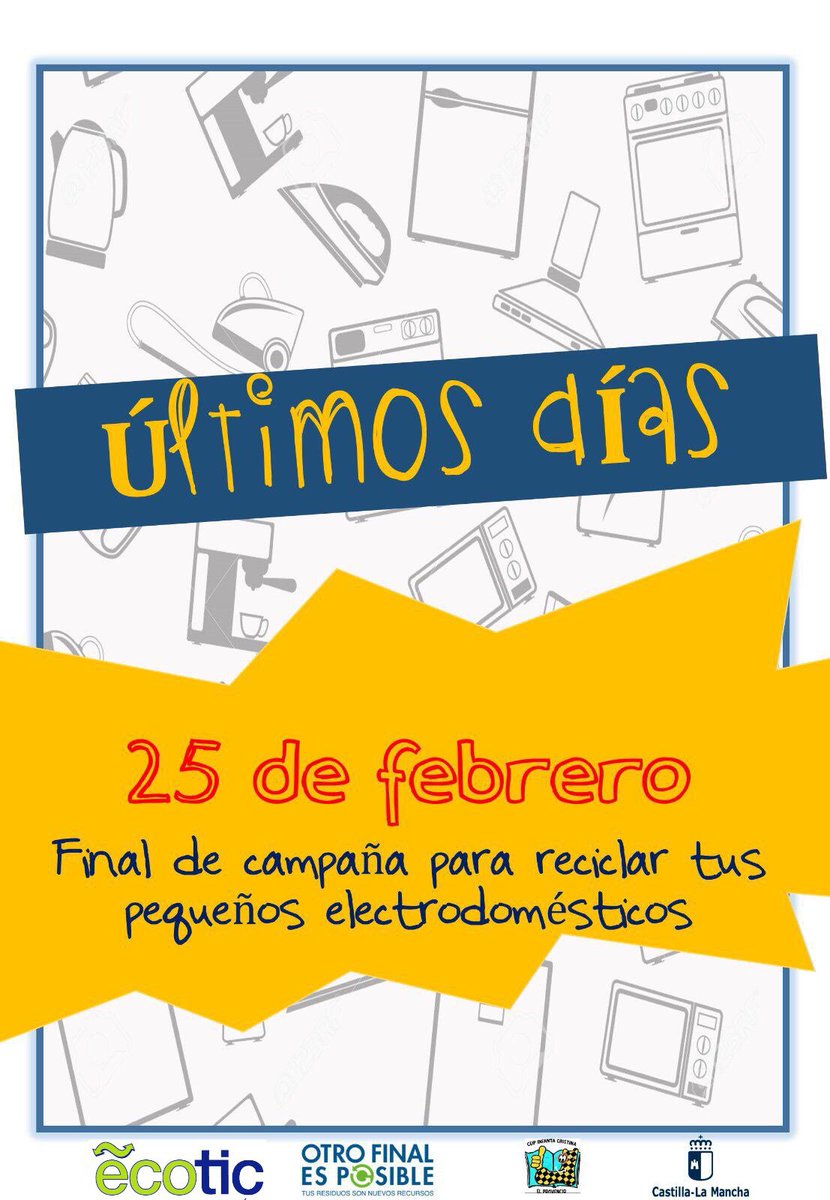 CEIP_ICristina's tweet photo. Todavía estás a tiempo de ayudarnos a todos a darle un buen final a esos eslectrodomésticos que ya no funcionan!!
#RAEciclalos 
@FundacionECOTIC 
@elprovencio 
#otrofinalesposible #economiacircular #ecocole #residuocero #educacionambiental @gobjccm @educajccm https://t.co/1v1pEIGYd7