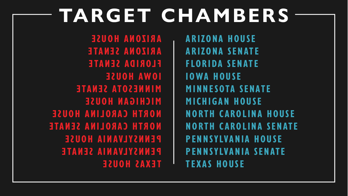 emilyslist's tweet photo. We’re targeting 11 state legislative chambers in 2020 — the AZ House &amp; Senate, the FL Senate, the IA House, the MN Senate, the MI House, the NC House &amp; Senate, the PA House &amp; Senate, &amp; the Texas House. https://t.co/bCnWtdfRD3