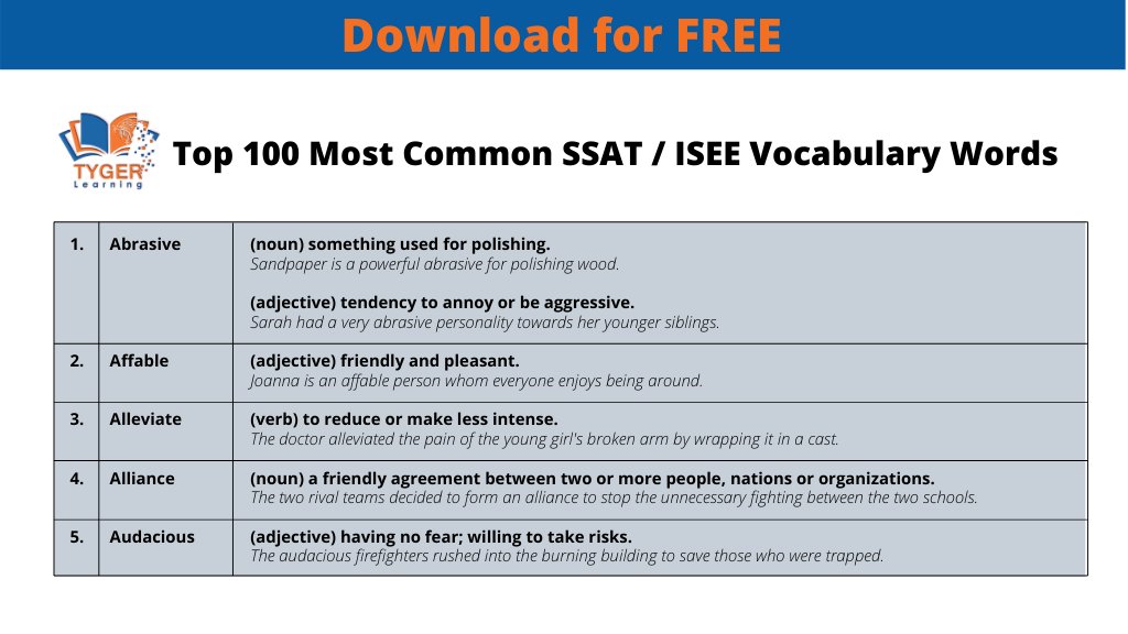 TygerLearning's tweet image. Studying vocabulary is one of the most effective ways to improve an #ISEE score. This is why I have created my top 100 most common ISEE vocabulary words. Download for FREE!
#ISEEtestprep #ISEEtest #testprep #tutor

Article at: tygerlearning.com/top-100-most-c…