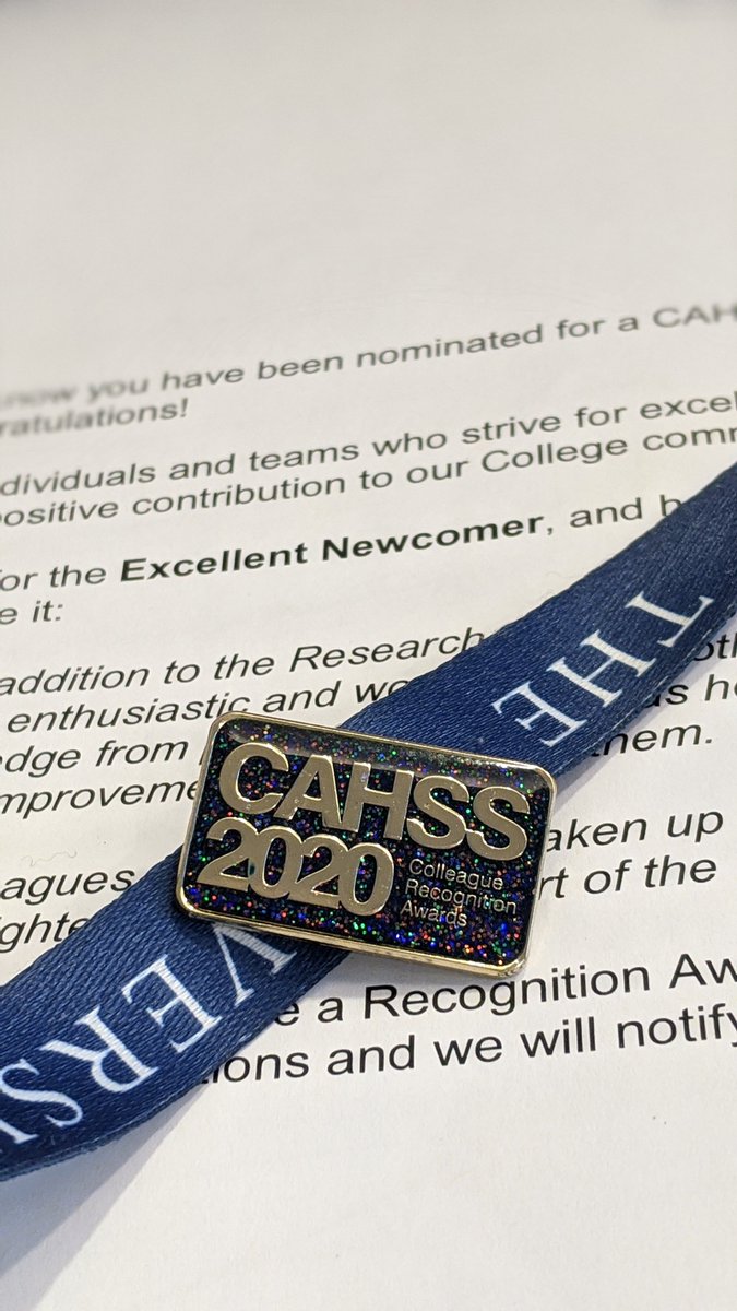 I'm so chuffed to have received a nomination in the CAHSS Colleague Recognition Awards. Thanks to my colleagues at @uebsresearch and @EdinUniCAHSSres! Very much enjoying my shiny badge.