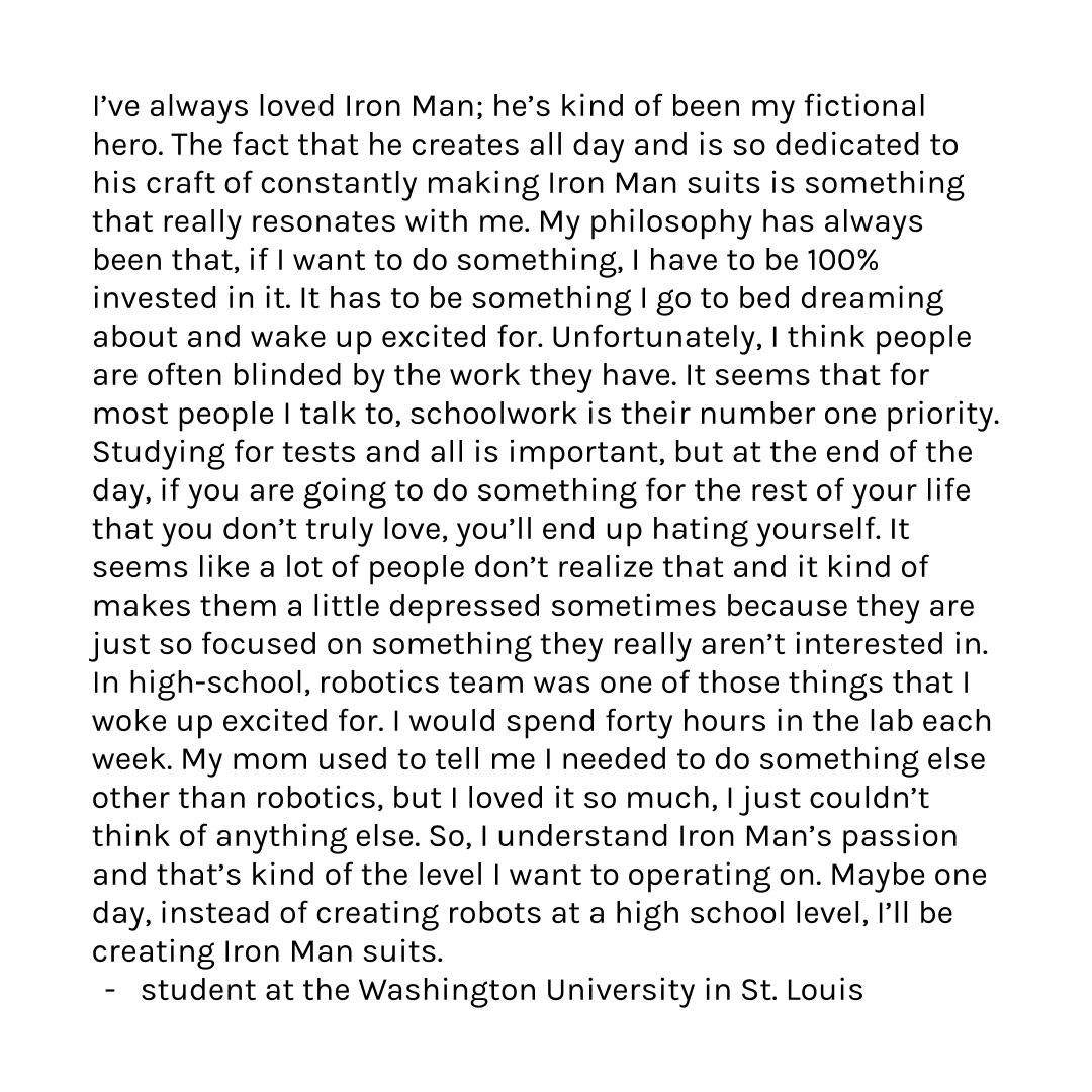 veritasforum's tweet photo. "The fact that [Iron Man] creates all day and is so dedicated to his craft of constantly making Iron Man suits is something that really resonates with me." - @WUSTL student via Kairos Journal @AugustineCollec #ProfilesofSearch https://t.co/sRuWB19F1l