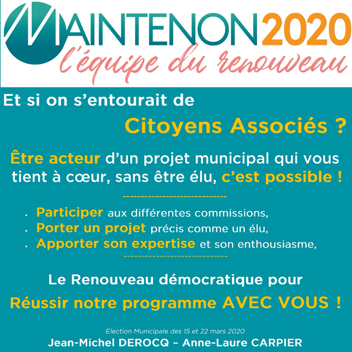 Maintenon2020's tweet photo. [Proposition N°9💡] ✅Citoyens Associés

Et si on s'entourait de Citoyens Associés ?

#Maintenon2020 #Municipales2020
#JeanMichelDerocq #AnneLaureCarpier

https://t.co/RoIBYgid6c https://t.co/MhWTtsp16y