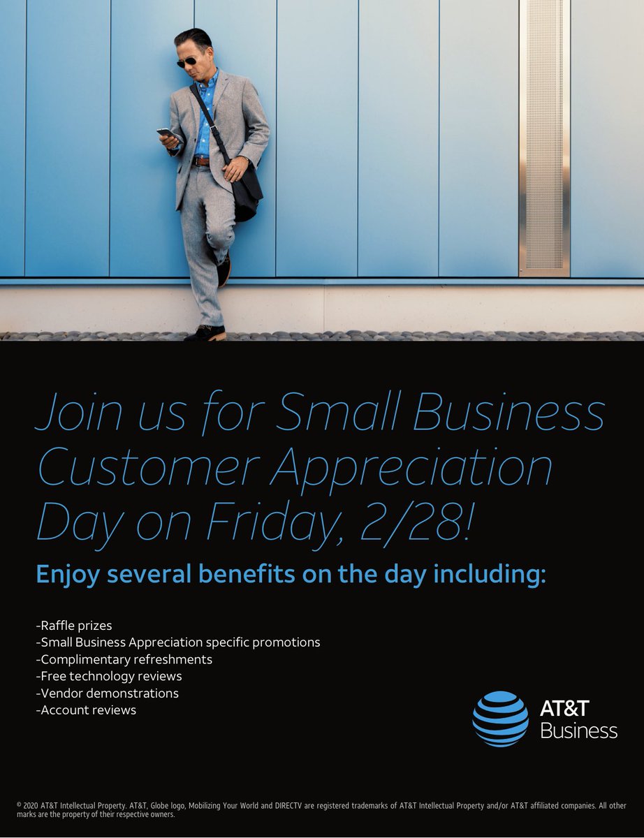 Attention small business owners:

Join us at any of your local corporate owned AT&amp;T locations in the Canton/Akron/South Cleveland area on Friday 2/28 for our Small Business Customer Appreciation Day! We have a special day planned just for YOU!

#LifeatATT