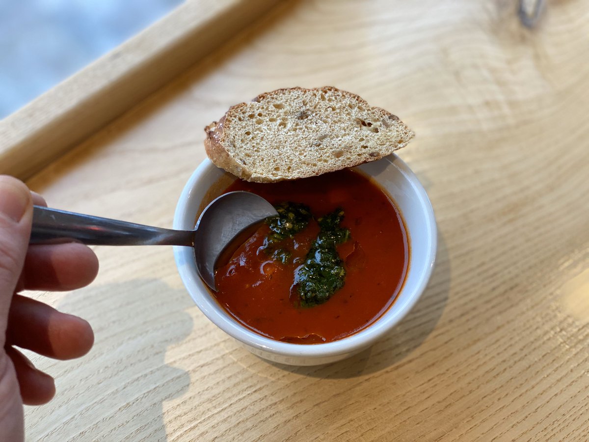 sthq's tweet photo. @BECateringPTBO Perks! Lovely house-made pesto garnish along with Bonnie’s beautiful soup bread!!! https://t.co/PKrcLgYrIX