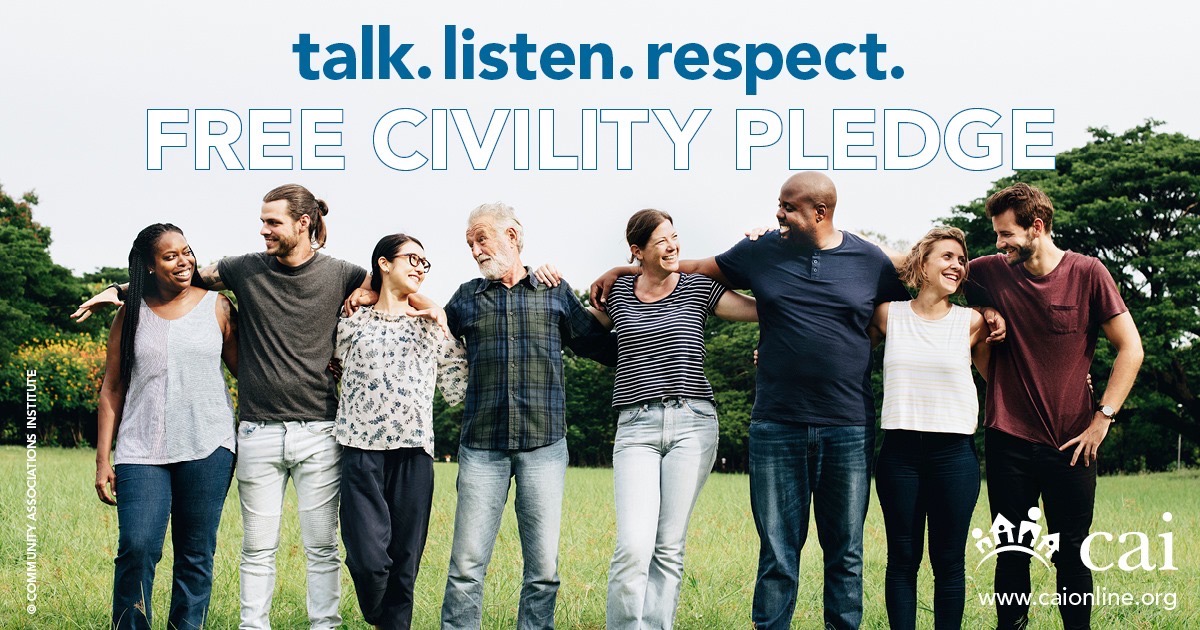 CAIBayCen's tweet photo. The @CAIsocial Civility Pledge supports the people who live and work in the millions of HOAs, condos, and housing coops worldwide. Adopt CAI’s Civility Pledge here: https://t.co/yAmWLcaauv

#thinkCAI #BayCenEvents #communitymanagers #communitymanagement https://t.co/rmXjgRfODM