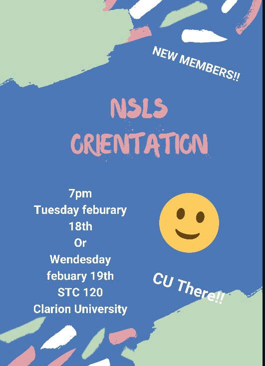 theNSLSClarion's tweet photo. NSLS inductees don’t forget to attend the orientation tonight or tomorrow night!! We will explain everything you need to do to get inducted and explain the benefits! We can’t wait to see you!😊 https://t.co/vBSFICeRfF