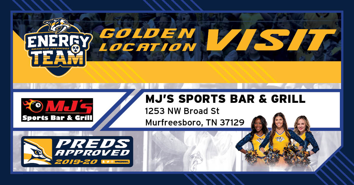 PredsEnergy's tweet photo. Can't make it to @BrdgstoneArena for the game tonight? Join us at our official #PredsApproved location, MJ's Sports Bar & Grill to watch with us!
@PredsNHL | #PredsEnergy https://t.co/jrAx8EgDZG