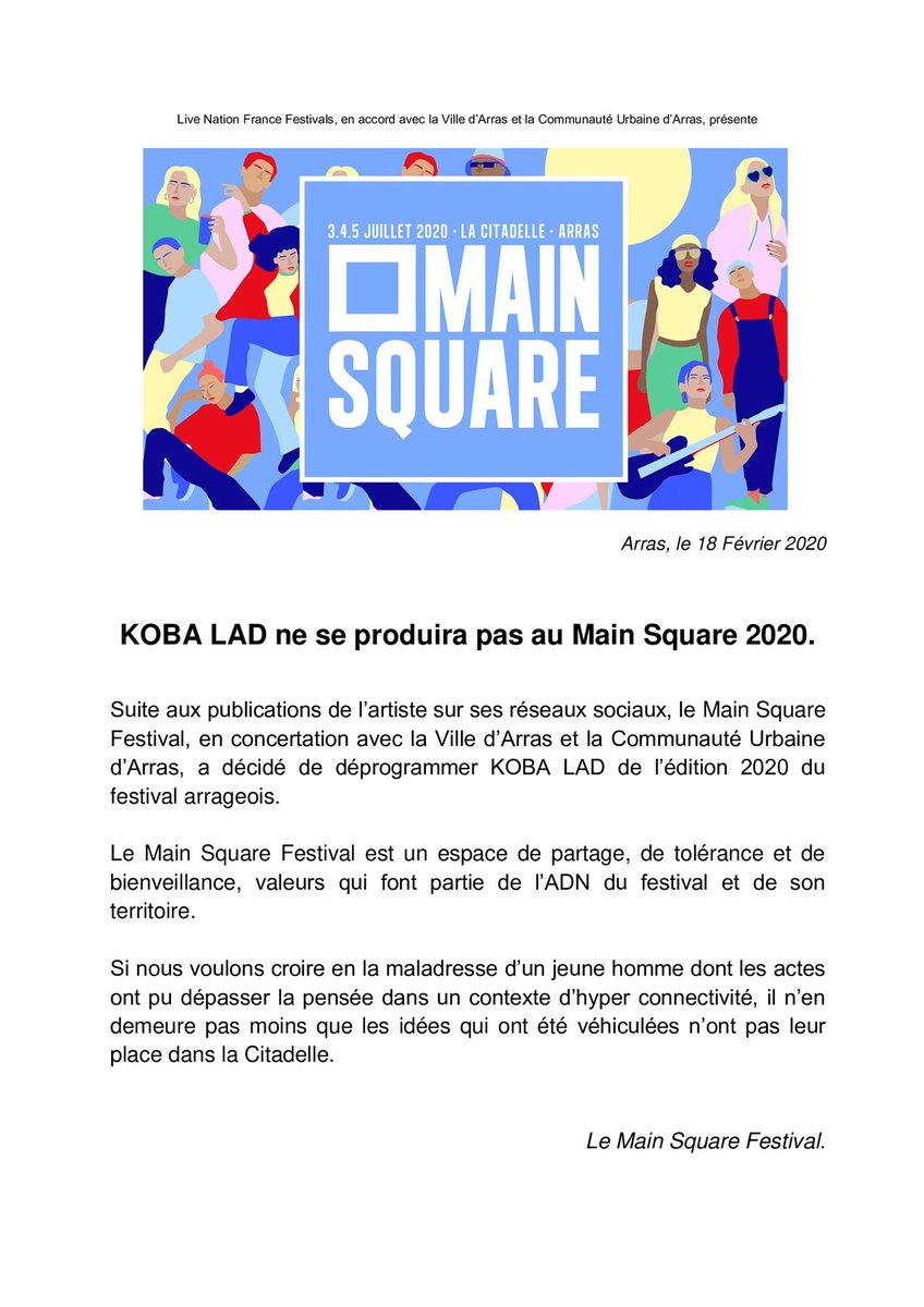bienvuapp's tweet photo. En concertation avec la Ville d’Arras et la CUA, Live Nation a décidé de déprogrammer Koba LaD du @MainSquareFest suite aux propos tenus sur Snapchat, malgré les excuses et explications du rappeur. https://t.co/v3Z1UZJfdt