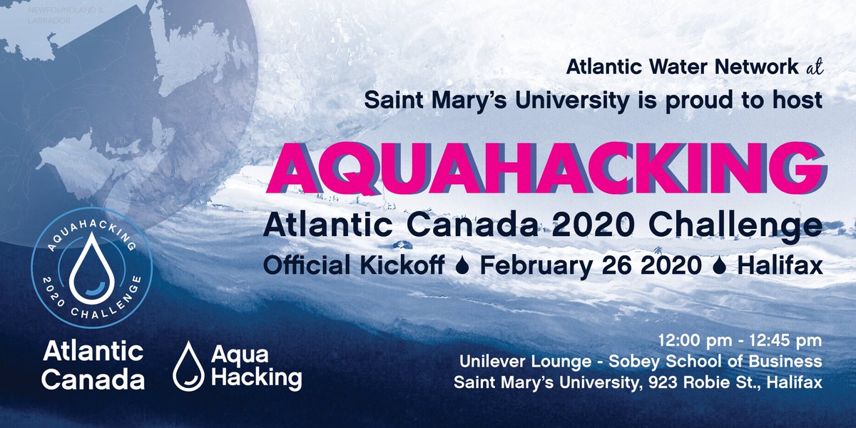 atlwaternetwork's tweet photo. Ready, set, mark your calendars! We're officially kicking off the #AtlAquaHacking Challenge next Wed Feb 26 @smuhalifax. Register: https://t.co/wbHSURadY9  

💧Dive into the issues 
💧Meet our formidable water issue leaders 
💧Join the Challenge!

#FutureWaterLeaders #watertech https://t.co/vjCtTl4fbY