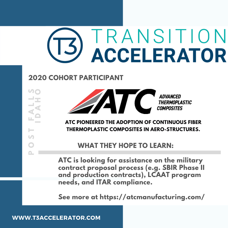 T3Accelerator's tweet photo. #TuesdayTransition - Weekly we will highlight 1 of the 10 companies & share insight on what they're looking to accomplish during the #T3Accelerator process. This week we are featuring ATC, a #startup located in Portland, ID. @wbiinnovates @AF_SBIR_STTR @AFResearchLab @tecdayton https://t.co/ZxxlVjGjfw