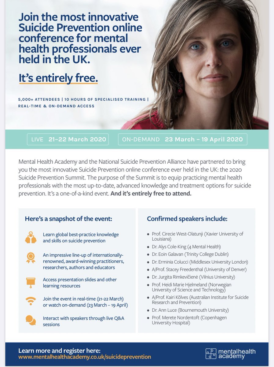AlysColeKing's tweet image. Delighted contribute FREE global 2020 UK Suicide Prevention Summit On-line #SuicidePrevention with @NSPA_UK 
Join real time 21/22 March
Watch on-demand 23/3-19/4
10 Hrs CPD - ideal for busy professionals
Look forward to hearing tagged speakers 
To register mentalhealthacademy.co.uk/suicideprevent…